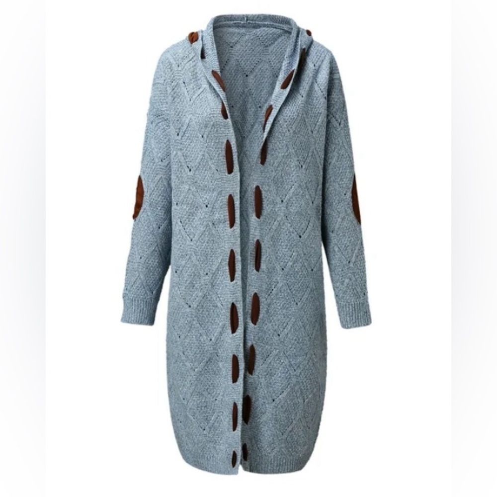 Boho Chunky Cable Knit Hooded Cardigan with Suede Elbow Patches - Size Medium